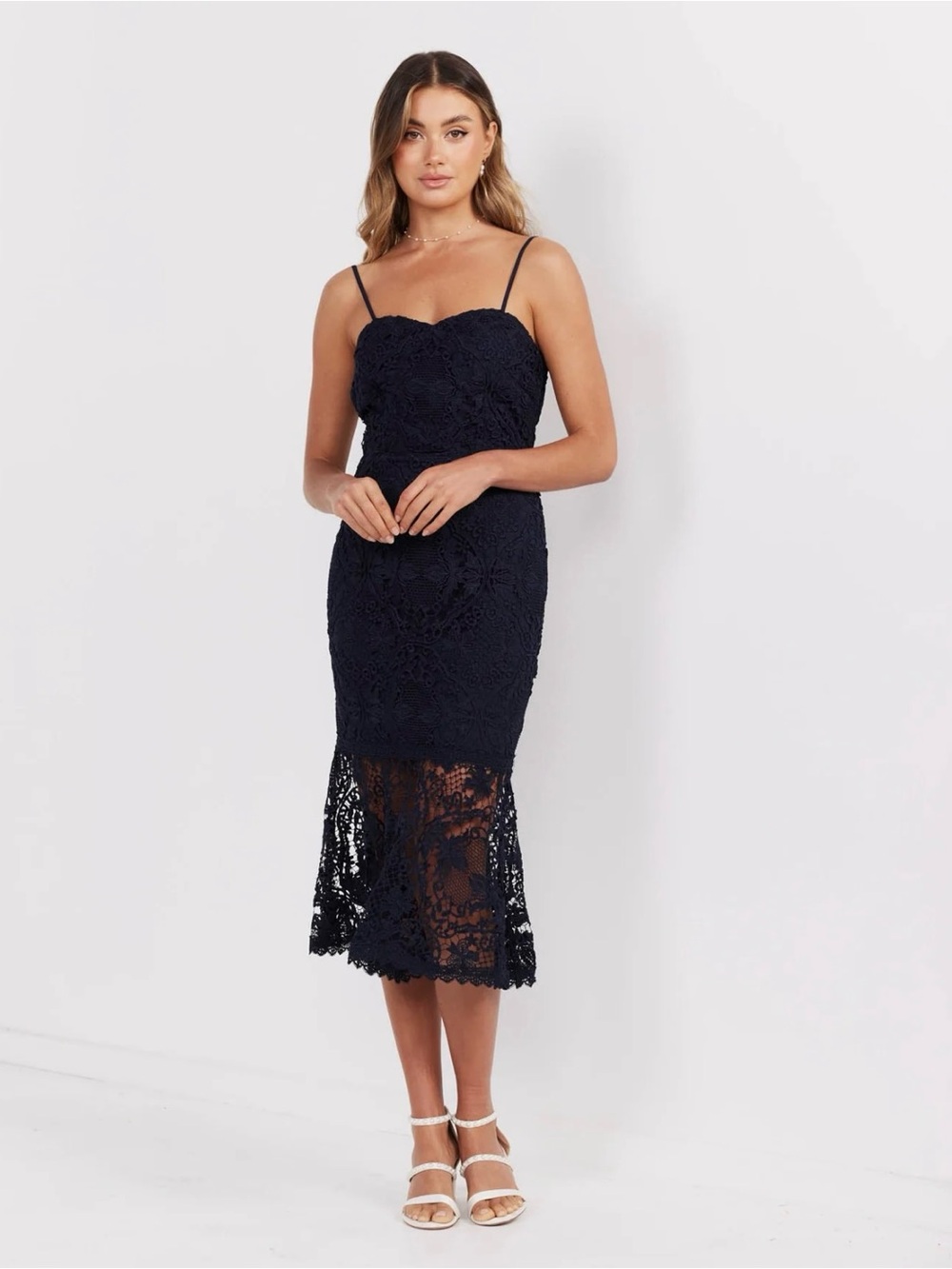 Twosisters The Label Rhia Lace navy Midi Dress with Spaghetti Straps size 4